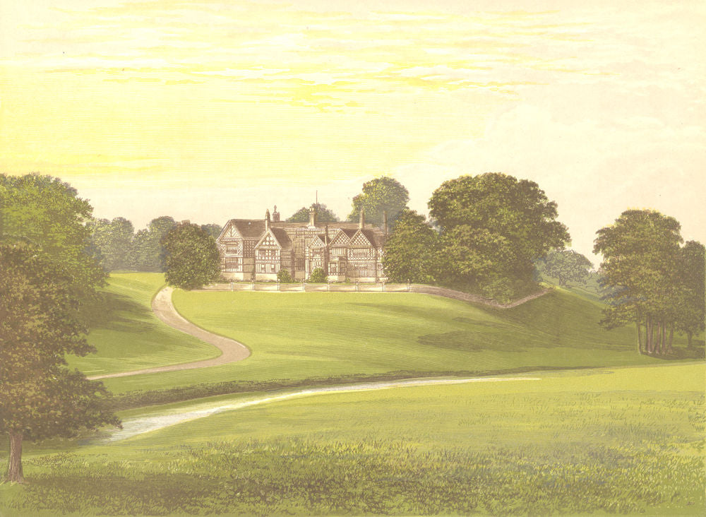 BRAMHALL HALL, Stockport, Cheshire (Davenport) 1893 old antique print picture